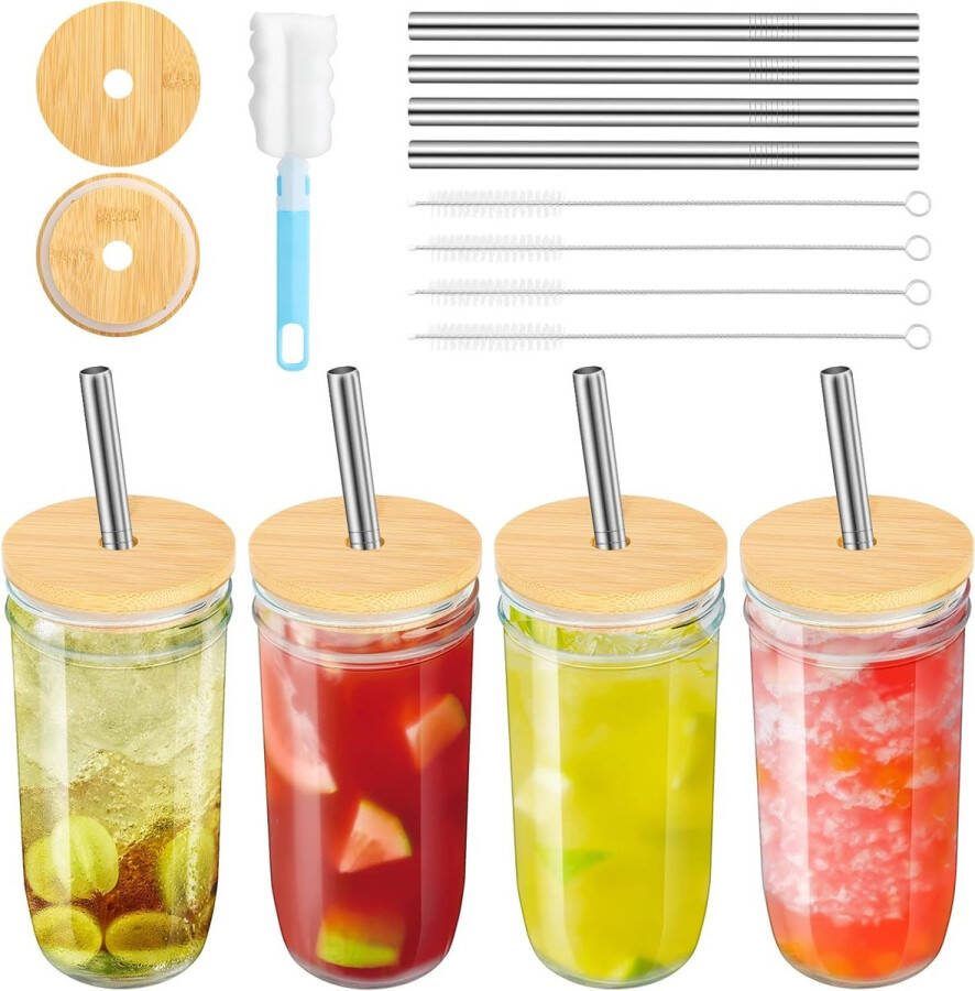 4 stuks cocktailglazen glas met deksel en rietje 24 oz drinkglazen herbruikbaar bierglas bubble tea-bekers voor cocktailglas water koffie bier frisdrank glazen beker voor feest bar