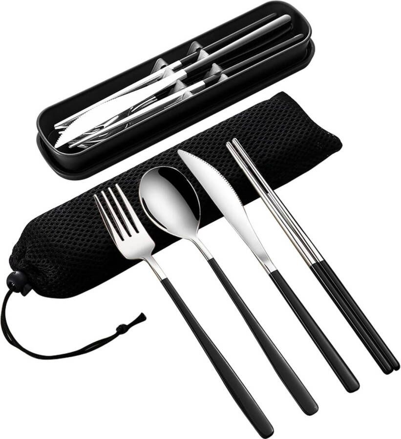 4 stuks draagbaar reisbestek met opbergkoffer roestvrij stalen bestek herbruikbare bestekset met vork lepel mes eetstokjes voor reizen school werk picknick (zwart)