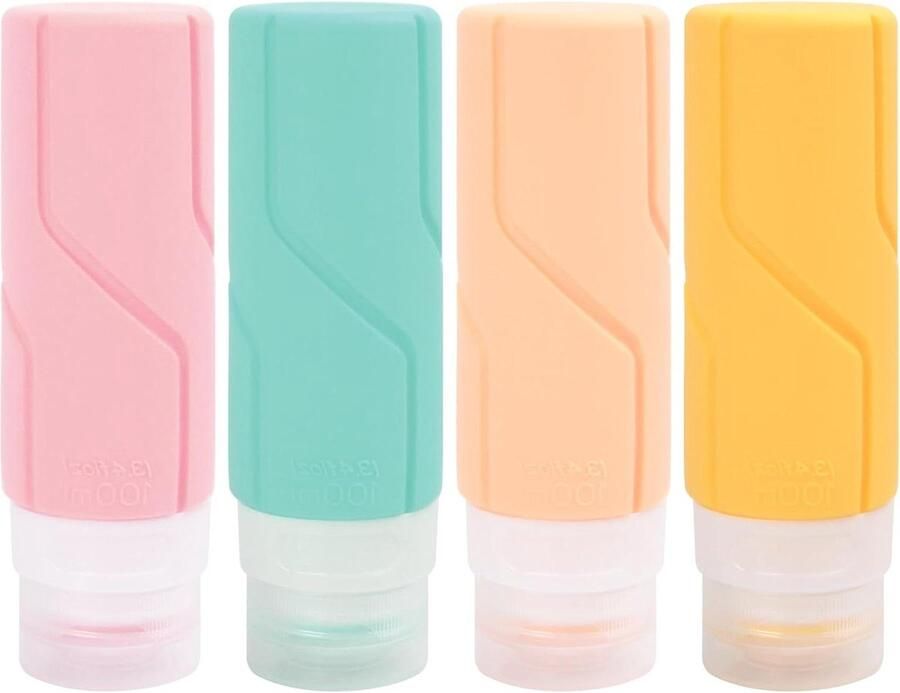 4 stuks draagbare reisflessen 100 ml siliconen doseerflessen lekvrije navulbare knijpbare containers set met transparante zak voor shampoo cosmetica groene Beige geelroze reisflesjes 100ml
