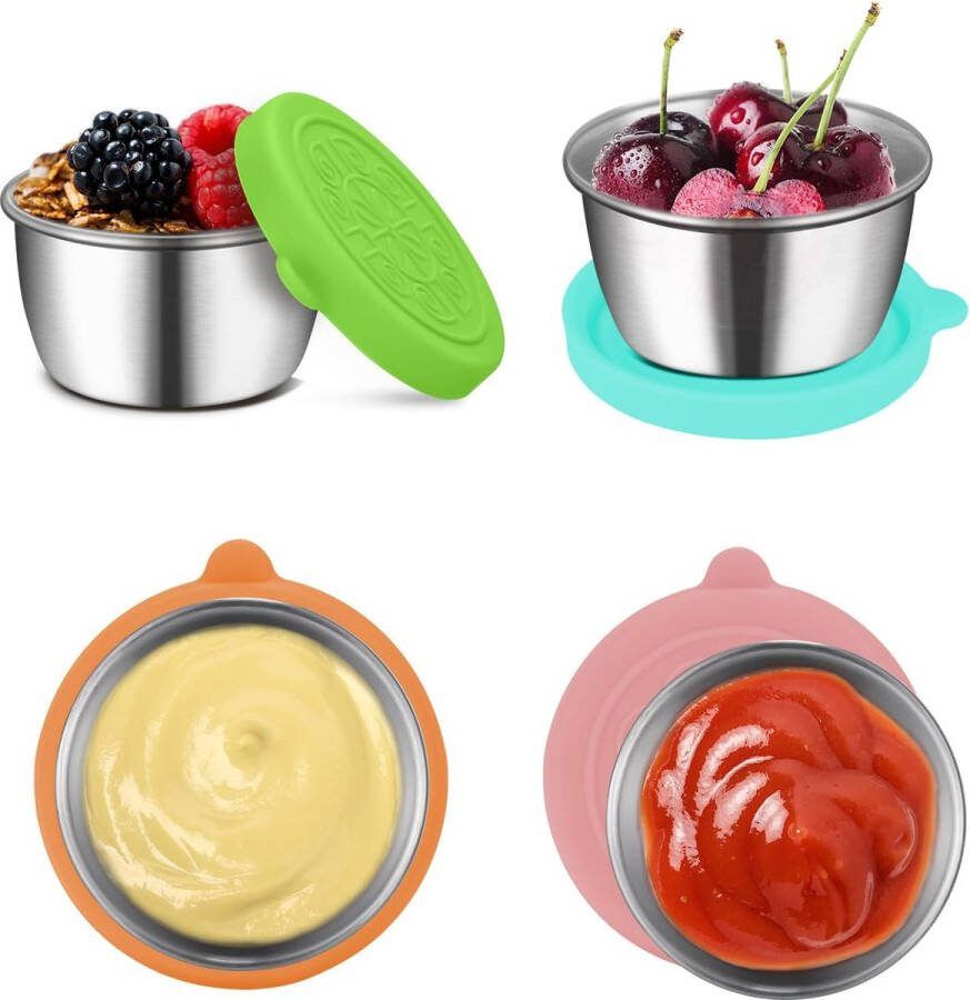 4 stuks dressing containers 70 ml lekvrije Bento Box accessoires 304 roestvrij stalen saladedressing containers met siliconen deksel BPA-vrij herbruikbare mini-sauzencontainer snackhouder