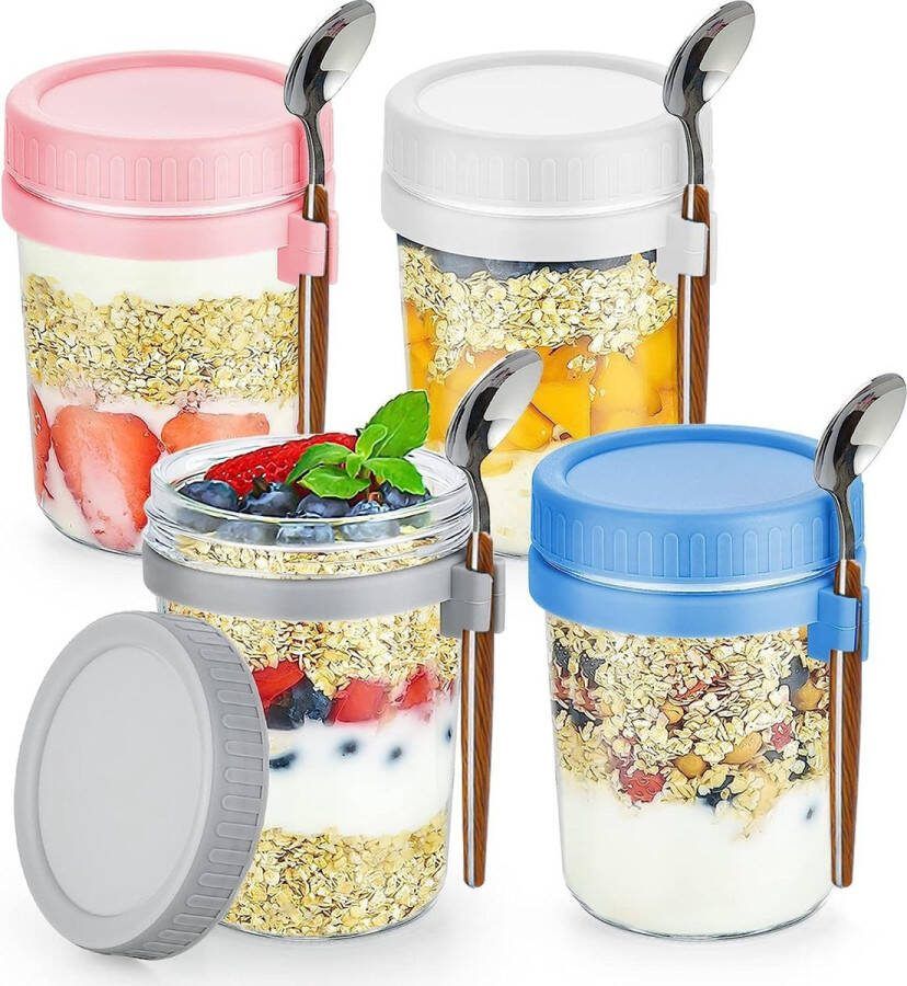 4 stuks herbruikbare Overnight Oats glazen met deksel en lepel 280 ml luchtdicht glas overnight oats container met meetmarkeringen Wide Mouth Mason Jars voor salades yoghurt muesli en melk