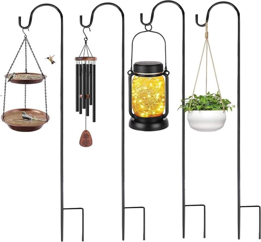 4 stuks Herderhaken 90 cm Lantaarnhouder Tuinbevestiging Haken Herderpaal Metalen tuinpaal In hoogte verstelbaar traliewerk Tuinpaal voor planten vogels voederbakken zonne-energie
