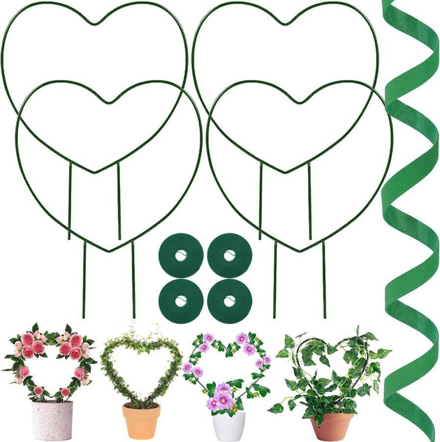 4 stuks klimhulp metaal hartvormig klimplanten voor kamerplanten bloemensteun met 4 m plantenbinder voor kamerplanten kleine planten wijnstokken en bloemen (groen) 31 x 23 cm