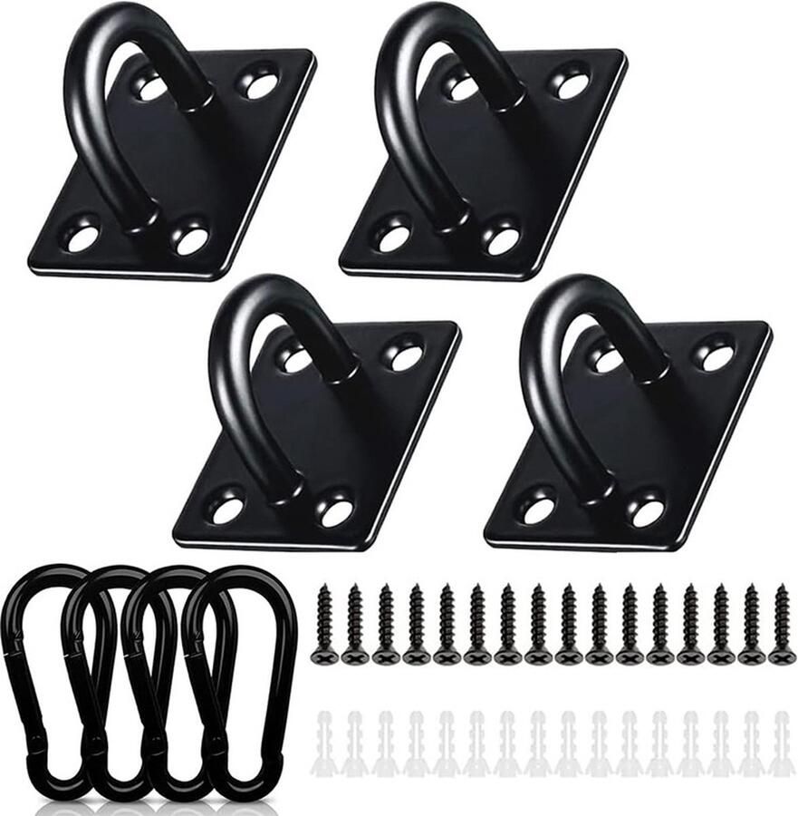 4 stuks M6 langwerpige pad oogplaat en 4 stuks karabijnhaak clips roestvrij stalen nietjes haak lus plafondhaken marine hardware ankerplaten u haken met schroeven en plastic pluggen