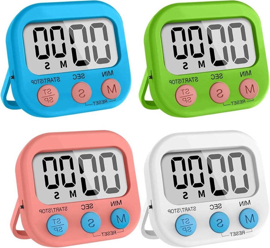 4 stuks magnetische digitale kookwekker met standaard-magneet-gat tijdmeter koken studeren werken 4 kleuren kookwekker digitaal