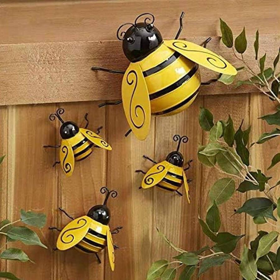 4 stuks metalen bijendecoraties 3D metalen wanddecoratie metalen bijen tuindecoraties dieren ijzer tuinfiguur wandsculptuur insecten huisdecoratie voor tuin gazon woondecoratie binnen en