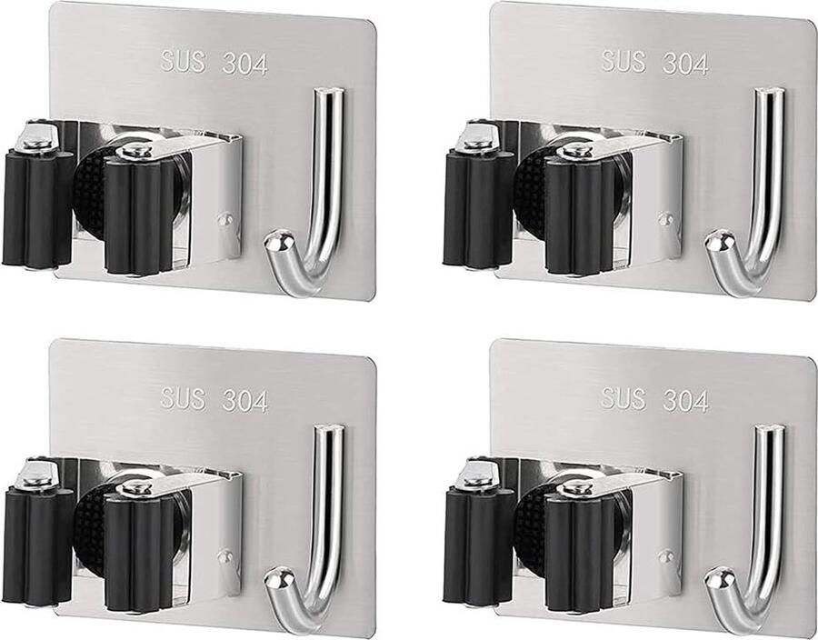 4 stuks mophouders met haken bezemhouder muur zelfklevend roestvrij zonder boren tuingereedschapshouder bezemhouder voor keuken en badkamer (metallic)