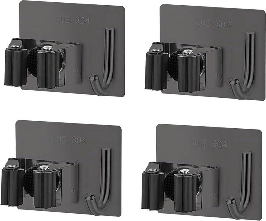 4 stuks mophouders met haken bezemhouder muur zelfklevend roestvrije bezemhouder muur zonder boren tuingereedschapshouder bezemhouder voor keuken en badkamer (zwart)