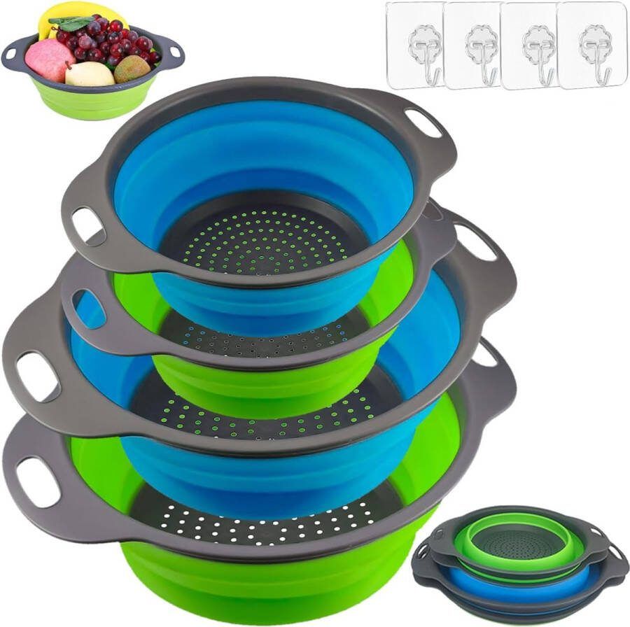 4 stuks opvouwbare camping plastic vergiet opvouwbare draagbare opvouwbare noedelzeef opvouwbare vergiet met haak voor het aflaten van fruit en groenten (2 kleuren 2 maten)