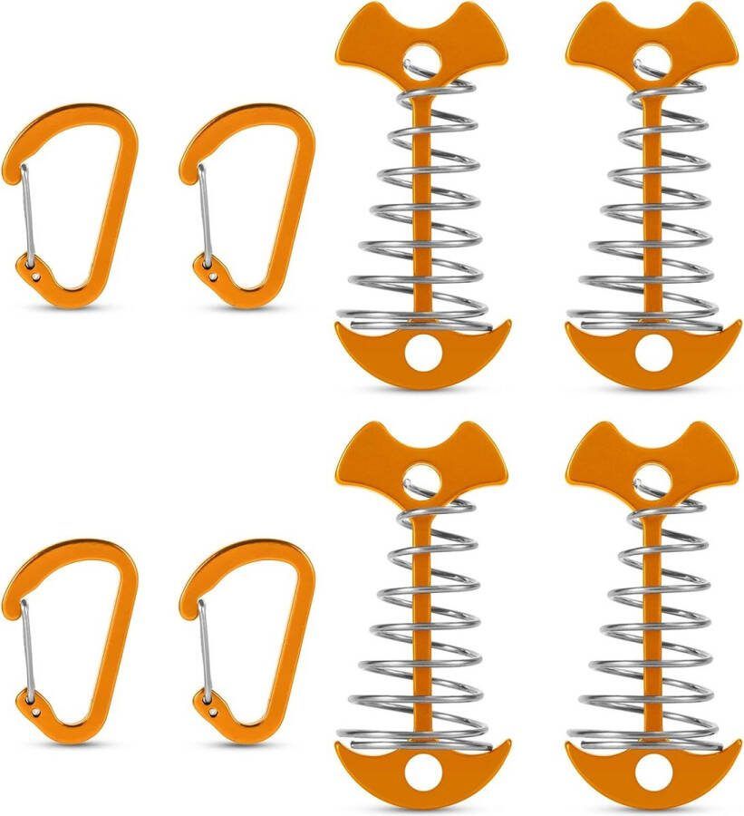 4 stuks (Oranje kleur) Fishbone dekankerharingen aluminium kleurrijke dekankerharingen met karabijnhaken tenttouwspanners met veergesp Fishbone tentharingen voor buiten wandelen kamperen campingaccessoires spanveer trekveer