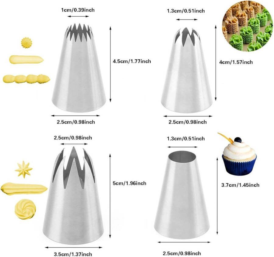 4 stuks professionele spuitmonden zilveren taartversiering tips voor het versieren van taarten roestvrij stalen spuitmonden set voor cupcakes en bakken