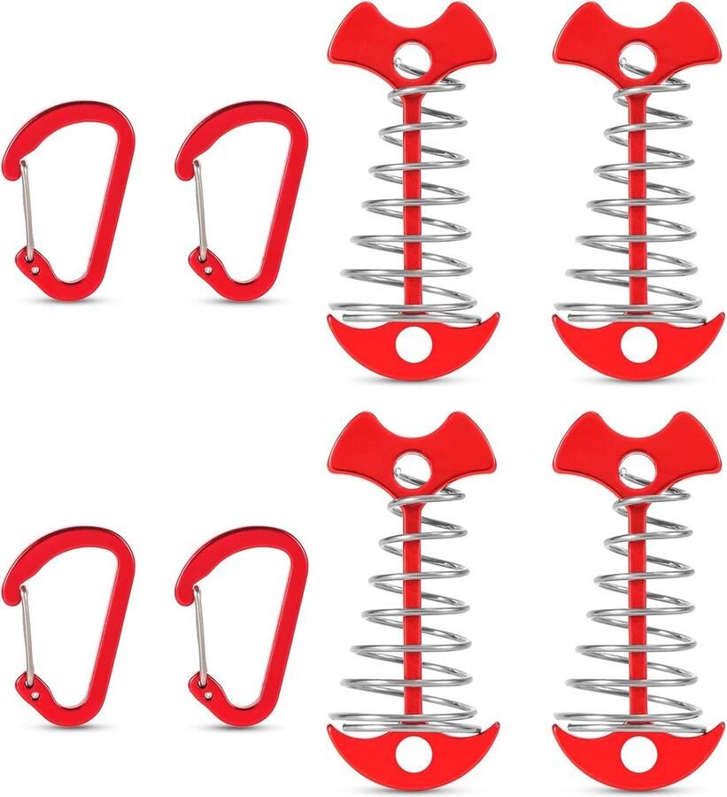 4 stuks (rood) Fishbone dekankerharingen aluminium kleurrijke dekankerharingen met karabijnhaken tenttouwspanners met veergesp Fishbone tentharingen voor buiten wandelen kamperen campingaccessoires spanveer trekveer
