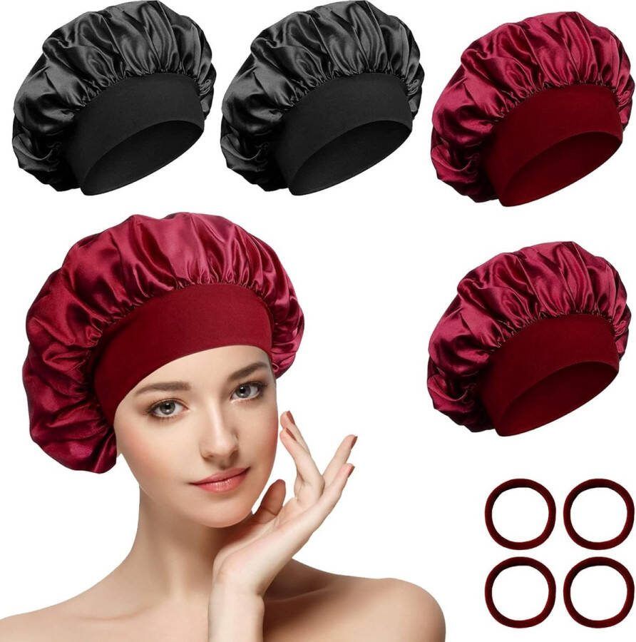 4 stuks Satijnen Slaapmuts Bonnet Nachtmuts met 4 Elastiekjes Verstelbare Nachtmuts Bonnet Slapen Zachte Satijnen Kap Douchemuts Hoofddeksel Voor Dames en Meisjes