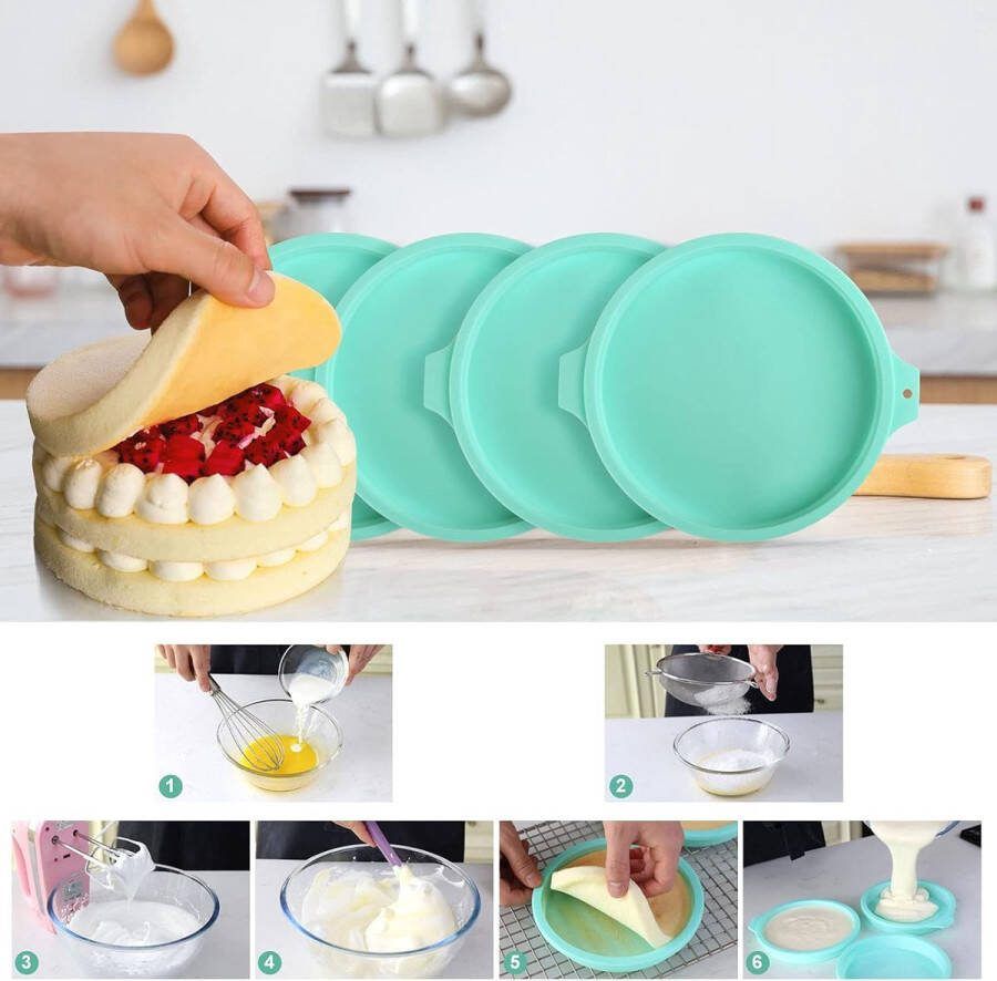 4 stuks siliconen gelaagde cakevorm bakvorm broodbakvorm fruitbodemvorm bakplaat 20 cm rond met bakkwast voor verjaardagsfeest