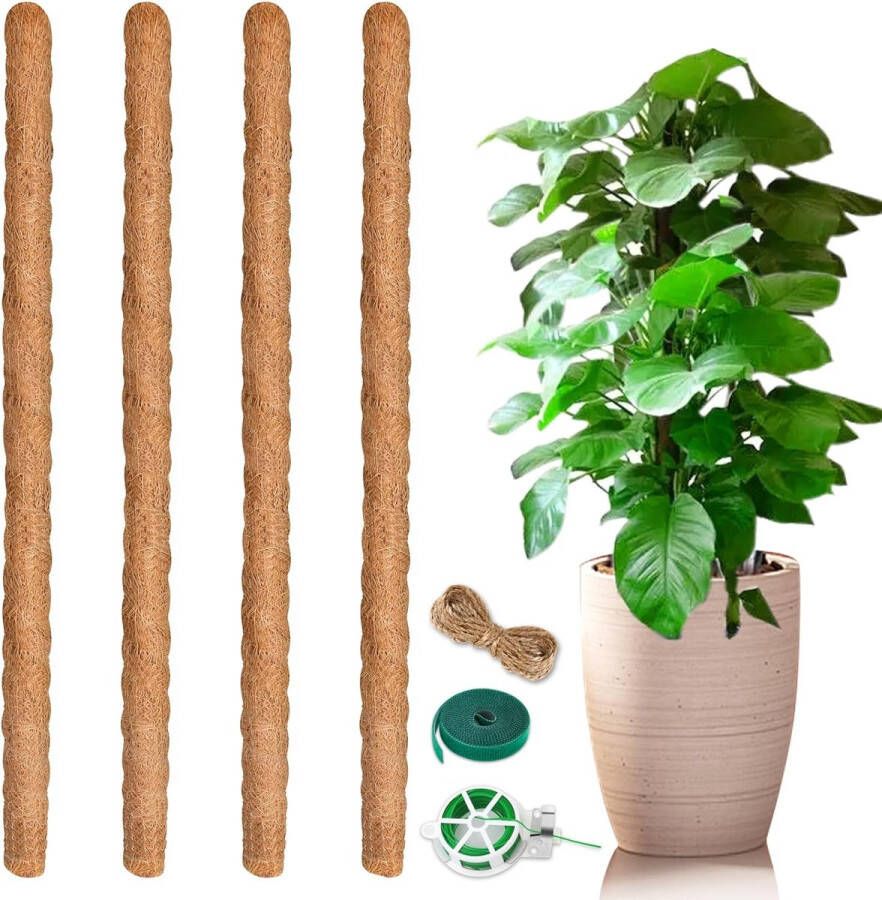 4 stuks Trellis Mospaal Kamerplantensteunstokken 64 cm Natuurlijke Kokos Kaas Plantenpaal met Twist Ties Plantenbinders Etiketten Jute Touw Tuingereedschap voor Potplanten Klimplanten Groei