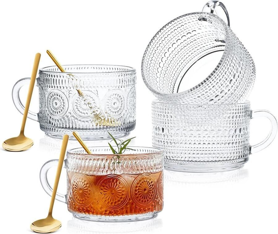 4 stuks vintage koffiekopjes van glas 350 ml helder reliëf glazen koffiekopjes glazen kopjes theekopjes klassieke glazen bekers met handvat en lepel voor cappuccino latte muesli