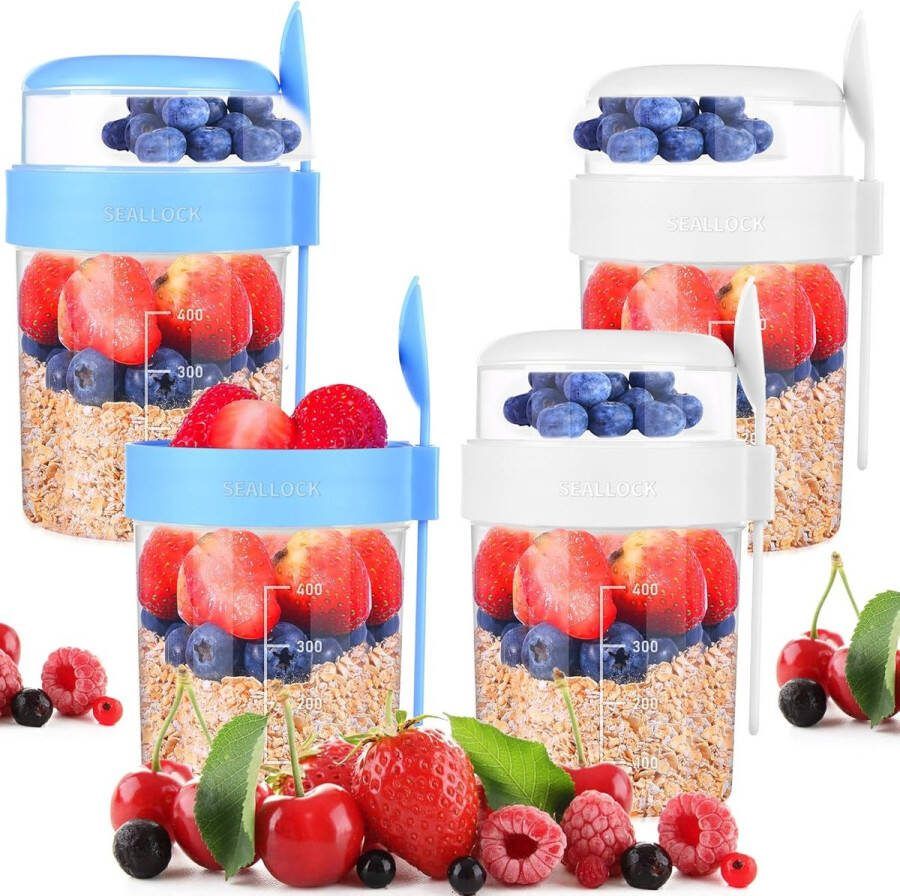 4 stuks yoghurtbekers To Go moslibeker To Go met lepel 2-in-1 mueslibeker (560 + 260 + 36 ml) mueslibeker voor vriezer en vaatwasser (blauw + wit)