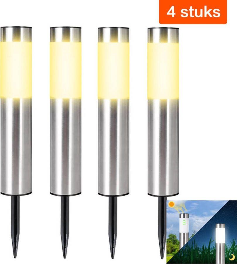4 Stuks zonne-Solar Tuinlamp-verlichting voor buiten zonne-tuin staak buitenlamp zonne-energie landschap stok lamp buiten gazon lamp Cilindrisch steek lichten zaklamp straatlantaarn tuin licht (Kleur:Grijs)