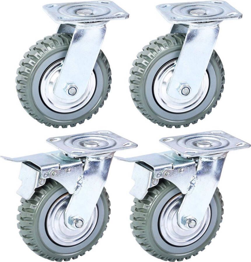 4 stuks zware wielen 150 mm transportwielen meubelwielen massief rubber 2 remwielen 2 zwenkwielen zonder rem draagvermogen 600 kg dubbele kogellagers voor binnen en buiten werkbank