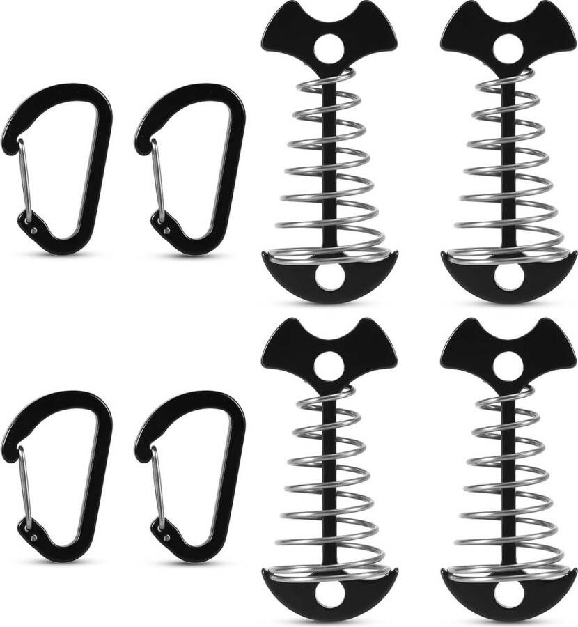 4 stuks (zwart) Fishbone dekankerharingen aluminium kleurrijke dekankerharingen met karabijnhaken tenttouwspanners met veergesp Fishbone tentharingen voor buiten wandelen kamperen campingaccessoires spanveer trekveer