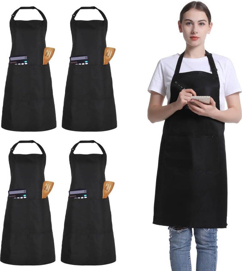 4 stuks zwart kookschort uniseks verstelbare schorten met 2 zakken mannen vrouwen schort voor keuken restaurant