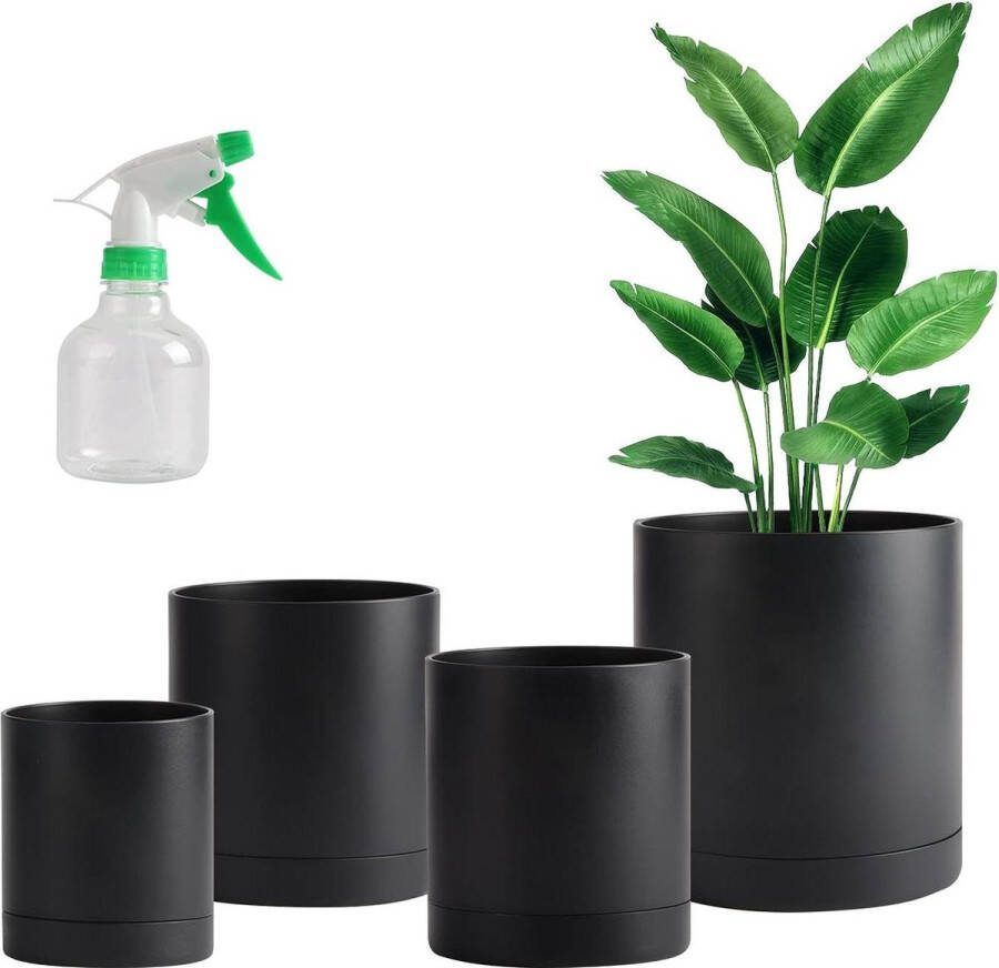 4 stuks zwarte plastic plantenpotten 4 5 6 7 inch met afvoergat en schotels voor binnen of buitenplanten met minispuit