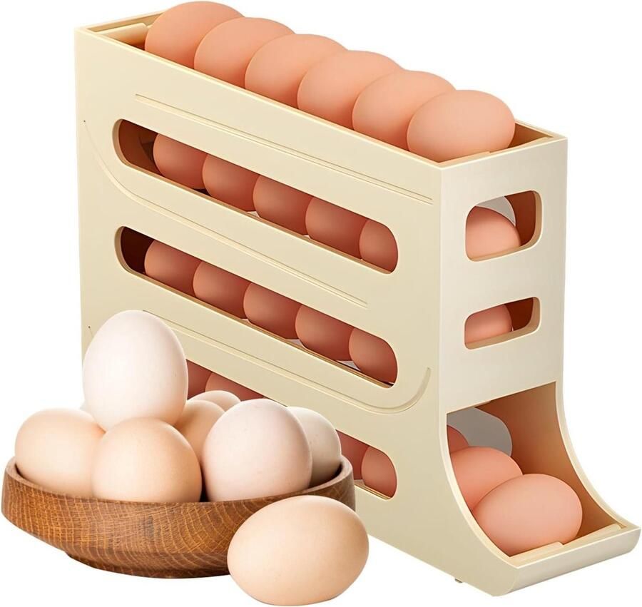 4-Tier Automatische Eierdispenser Ruimtebesparende Eierhouder voor Koelkast en Aanrecht Duurzame Kunststof Keuken Eierrekker (Geel)