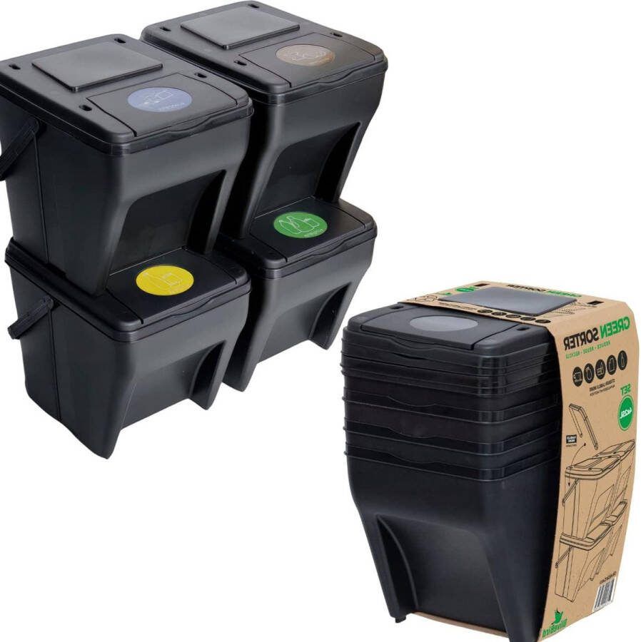 4 Vaks Afvalscheidingssysteem 100L Groen Sorteer Vuilnisbak 4 x 25L Stickers Kleuren voor Biologisch Afval Papier Glas Keuken Afvalscheiding