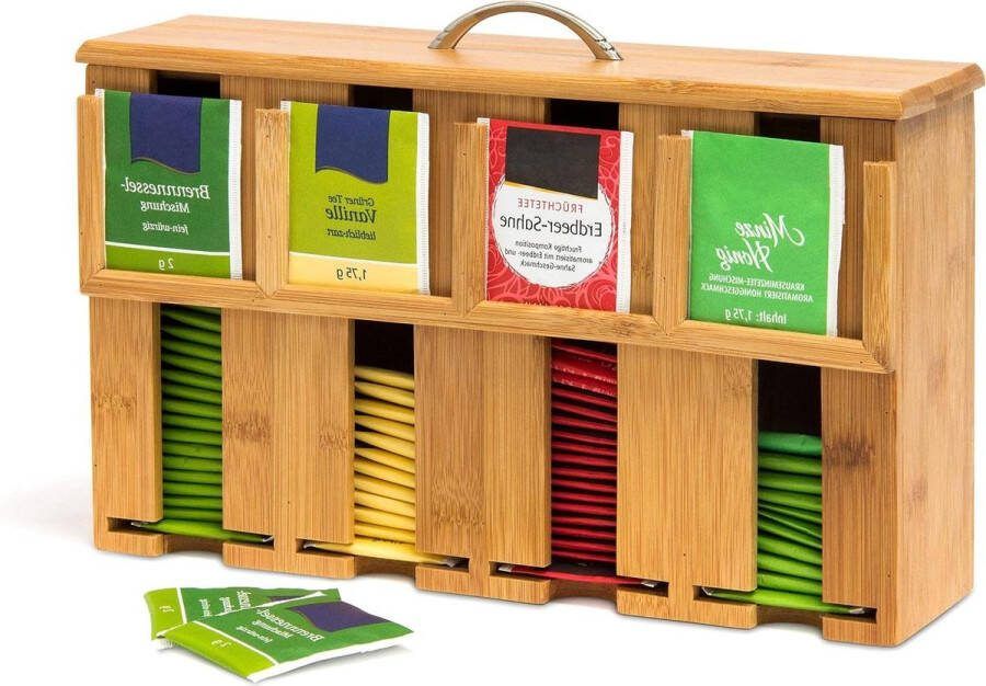 4-vaks Bamboe Theedoos voor ca. 160 Theezakjes Grote Theekist Organizer HBD ca. 22 x 335 x 10 cm Natuur Theedoos