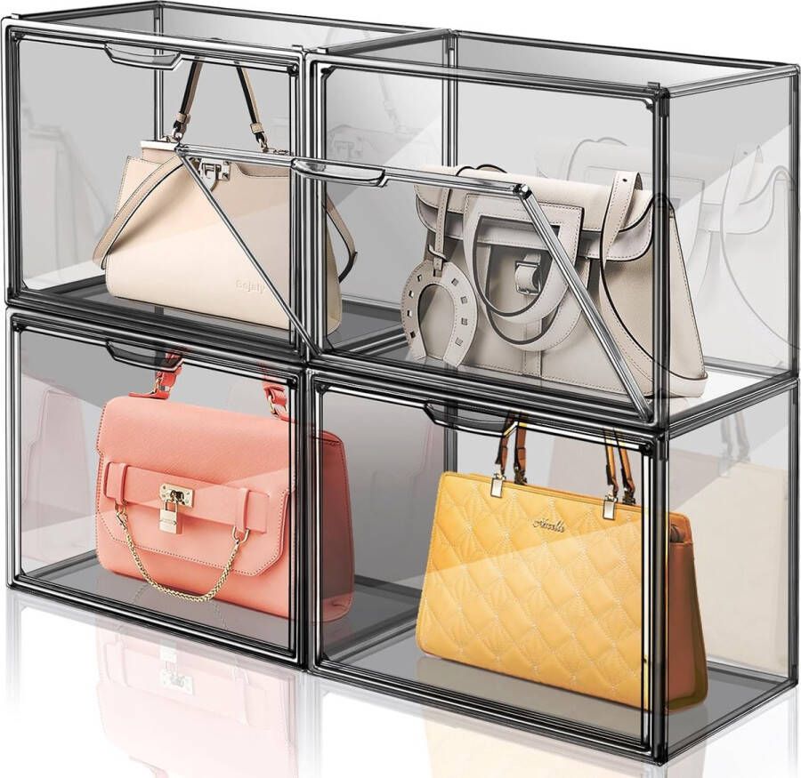 4 verpakkingen transparante kunststof handtas-opberg-organizer voor kast grijs acryl vitrine voor handtas portemonnee stapelbare opbergdozen