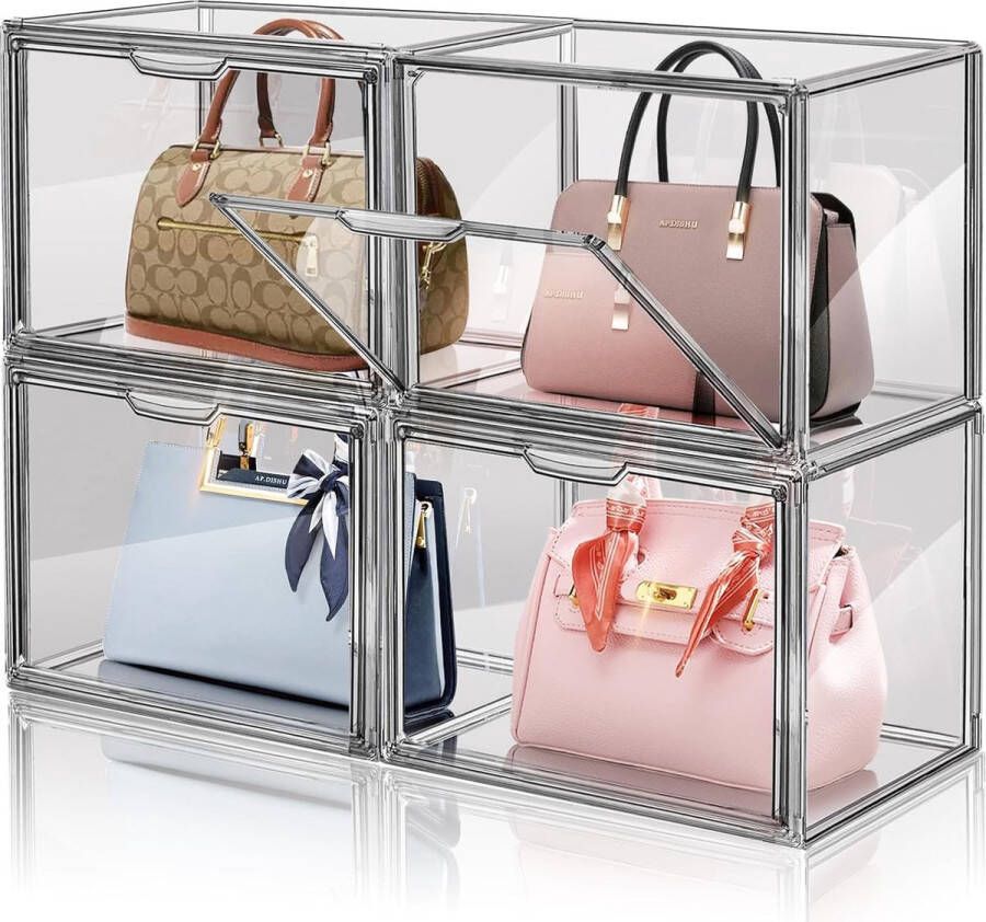 4 verpakkingen transparante kunststof handtas-organizer voor kast acryl vitrine voor portemonnee en handtas stapelbare opbergdozen boek speelgoed (4)