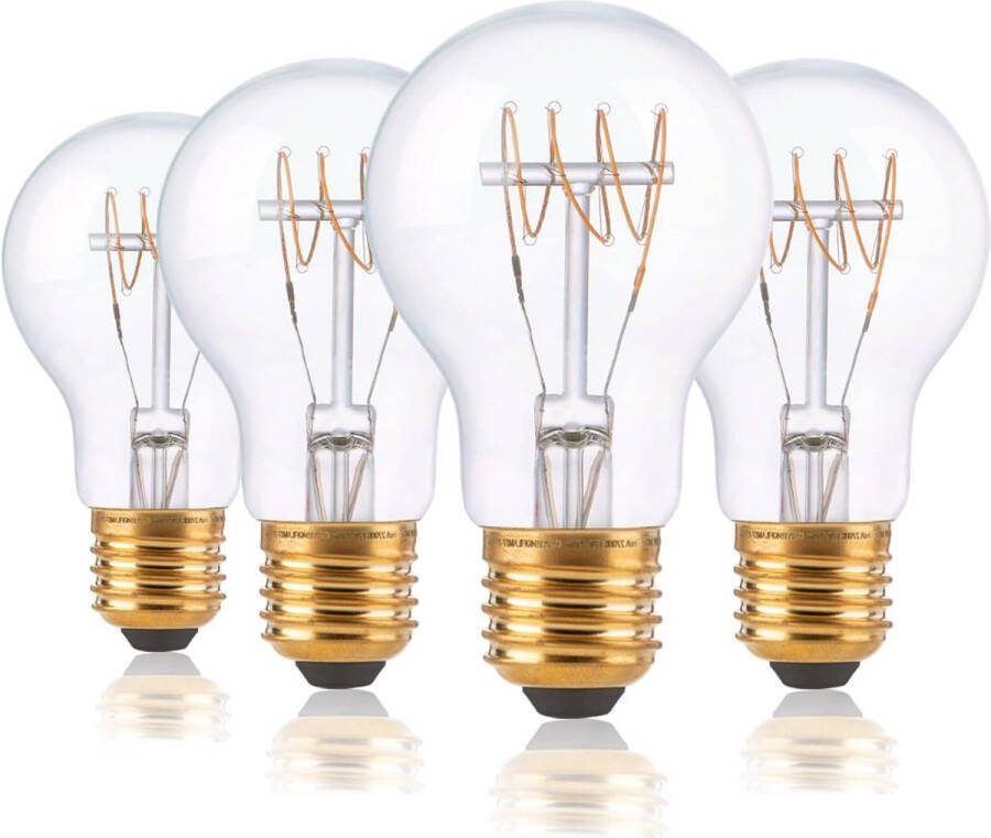 4 W ledlamp met spiraaldraad E27 A60 retro antiek decoratieve lamp dimbaar warmwit 2200 K 350 lm transparant glas set van 4