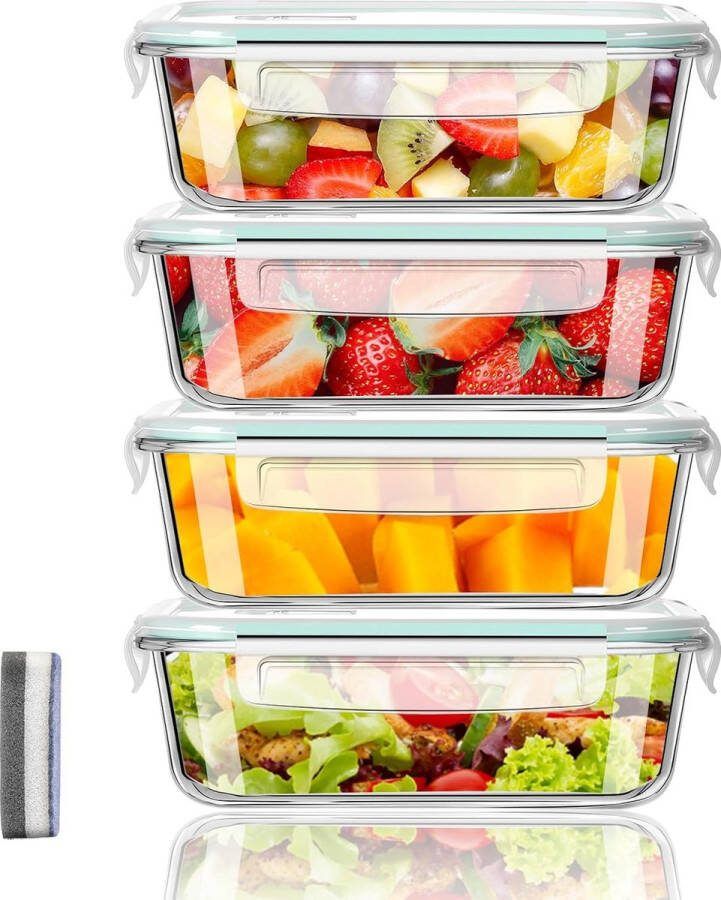 4 x 1040 ml glazen voedselopslagcontainers met deksel en 1 reinigingsspons voorraadpotten met deksel voedselcontainers herbruikbaar voedselopslagcontainerset voor magnetron vriezer vaatwasser