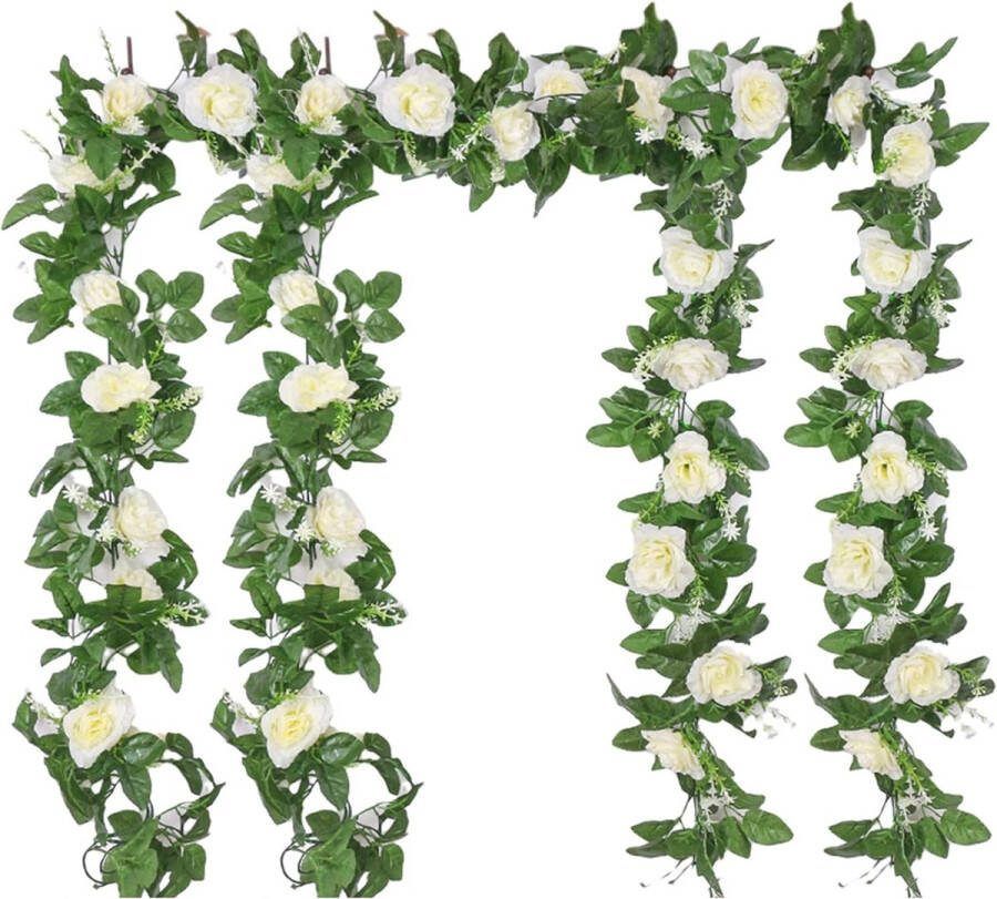 4 x 2 m kunstrozen slinger bloemenkrans rozen wijnstok zijden bloemen hangende kunstbloemen decoratieve namaakbloemen met groene bladeren voor bruiloft feest huis tuindecoratie (wit)