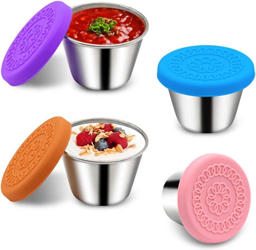 4 x 70 ml kleine roestvrijstalen kruidenpotjes saushouder met siliconen deksel herbruikbaar lekvrij mini-dip sausbeker om mee te nemen snack box voedselcontainers set