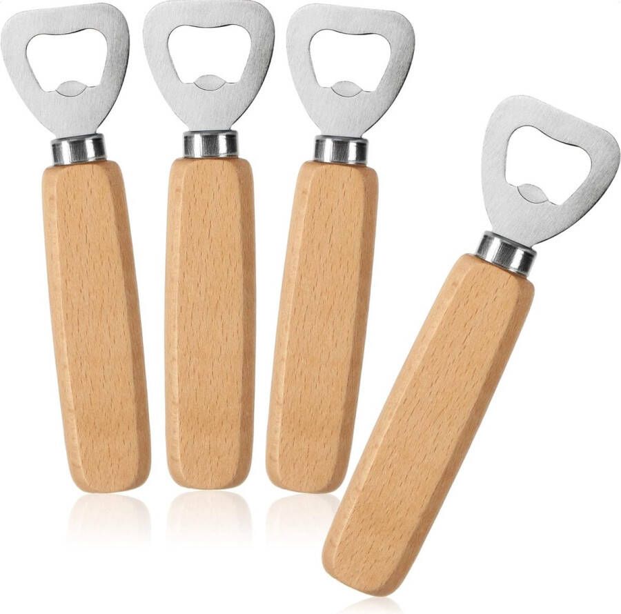 4 x Flesopener gemaakt van roestvrij staal met ergonomische beukenhouten handgreep Flesopener zonder logo Elegante bierflesopener (pakket van 04 hout)