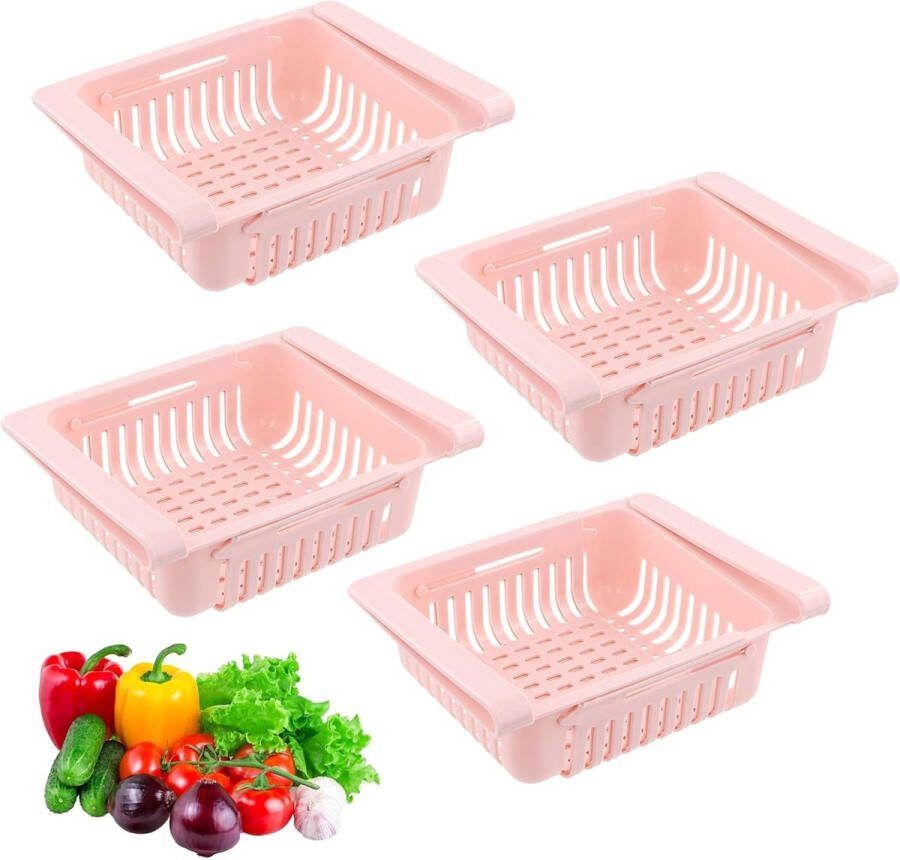 4 x Koelkastlade-organizer kunststof uitschuifbare koelkastorganizer koelkastladen opbergkoelkast voor keuken kasten planken vriezer voorraadkast (roze)