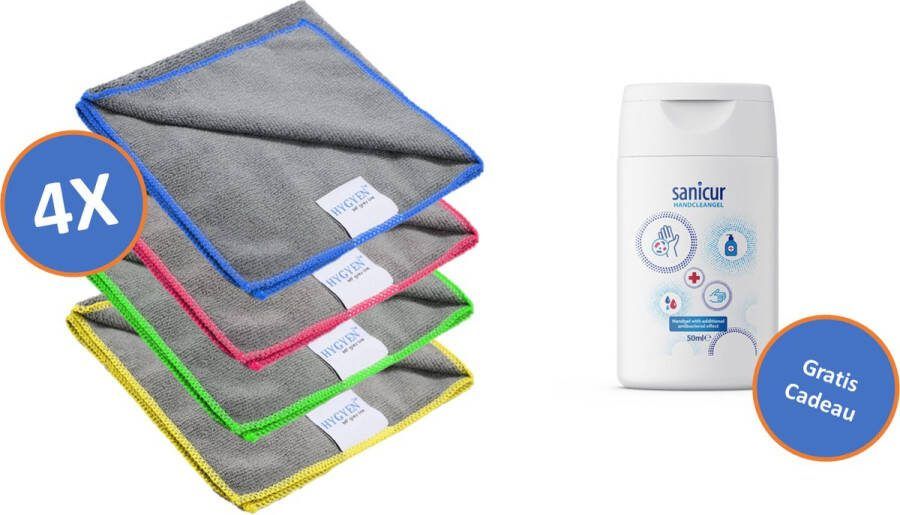 4 x Professionele Zwaar Uitgevoerde Microvezeldoek MF Grey Line Rood Blauw Geel & Groen Gratis Sanicur Handgel 50ml