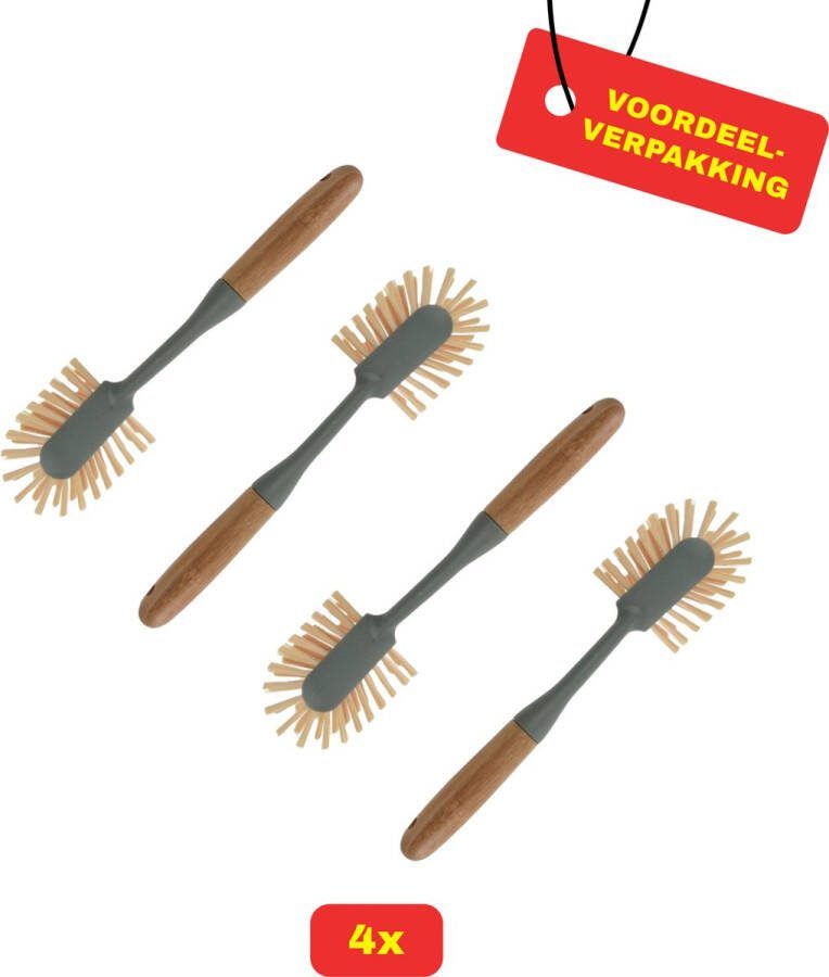 4 x Ultra Clean Afwasborstel Bamboe Groen Grijs Voordeelverpakking!
