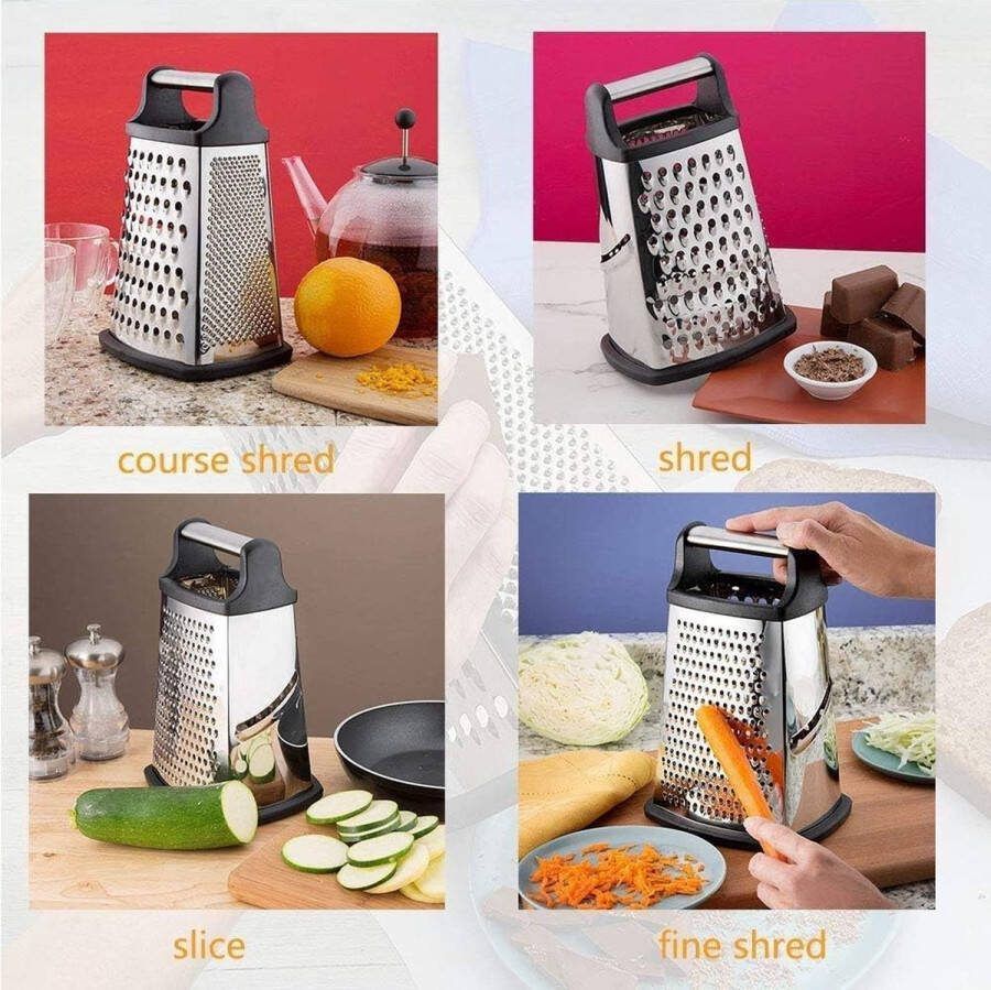 4-zijdige rasp van roestvrij staal keukenrasp voor grof en fijn raspen voor fruit groenten wortelen kaas vaatwasmachinebestendig