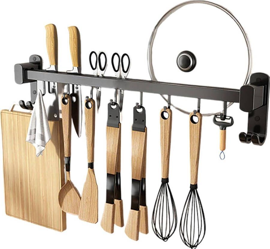 40 cm keukenhouder met 6 afneembare haken aluminium messenhouder en potdekselhouder keukenhulplijst zwart