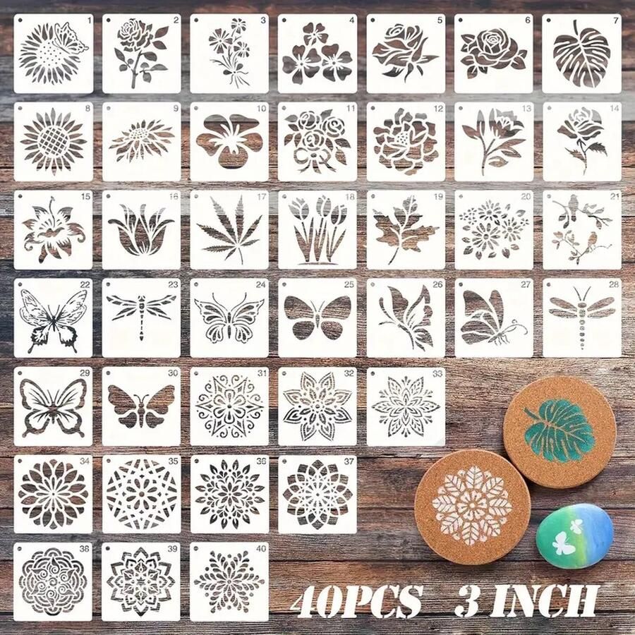 40 kleine bulletjournal stencils. Bloemen Vlinders Fractals Geometrische patronen Vogels Libelle Plant Planten Versiering Patronen Bullet Journal Plastic Stencils Templates Sjablonen Handlettering toolkit Knutselen