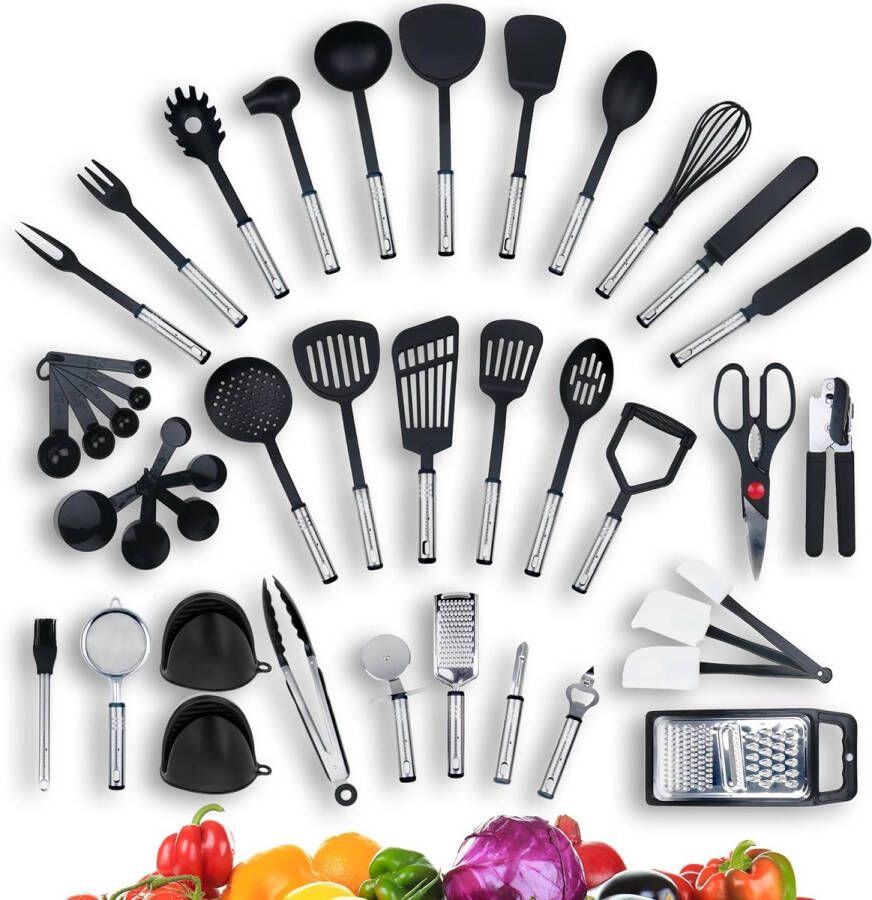 40-Piece Set from Kronenkraft Kitchen Utensils Set made of Stainless Steel and Nylon Cooking Tools Including Turners Tongs Spoon Measuring Cup Whisk Tin Opener Peeler Scraper