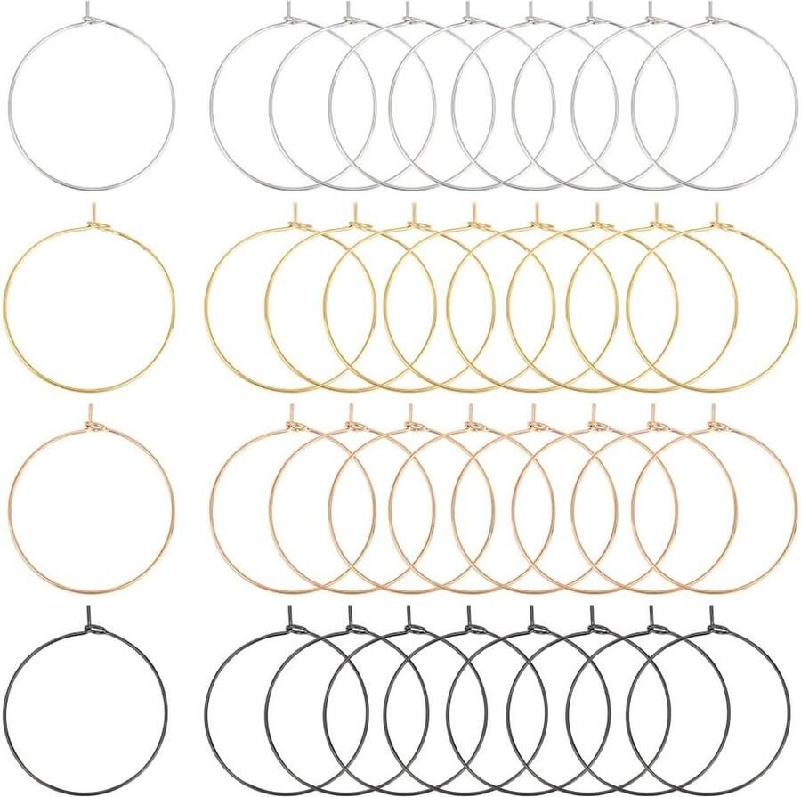 40 stks 4 Kleuren Wijn Glas Charms Ringen 304 Rvs Hoop Oorbel Bevindingen Gemengde Kleur Diy Earring Kralen voor Vrouwen Basketbal Wives Hoop Oorbellen Pin 0.7mm