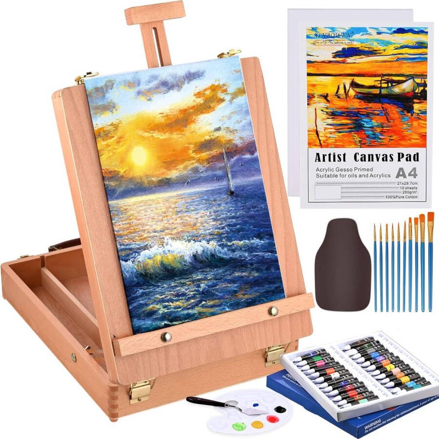 40 stuks schilderset met schildersezel 24 kleuren acrylverf set met kofferezel palet schilderen schort penseelset A4 fotoboek ezel schilderset knutselsets voor kunstenaars beginners amateurs