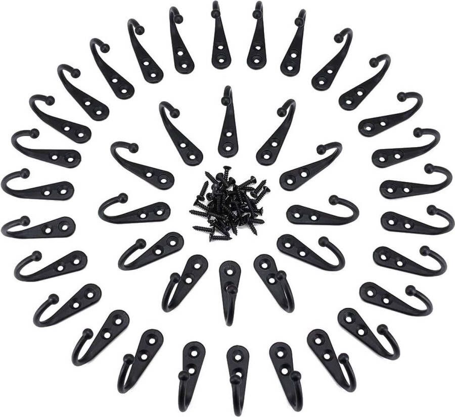 40 stuks wandhaken klein afzonderlijk gemonteerde kledinghaken van metaal met 80 stuks schroeven zwart