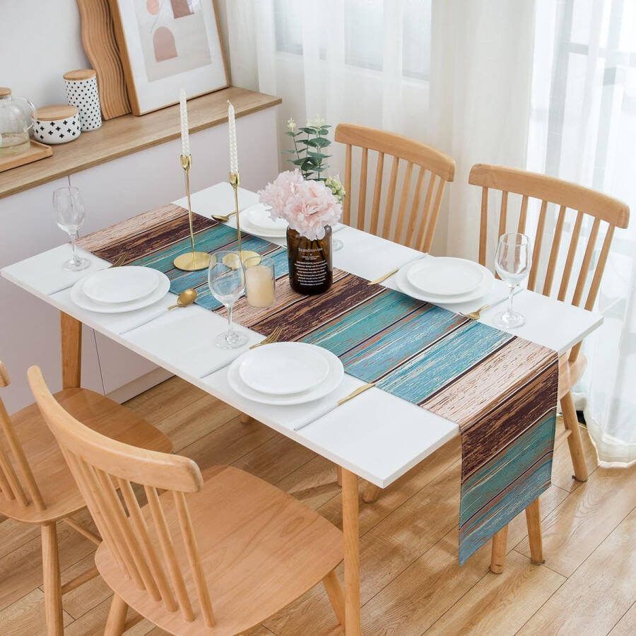 40 x 140 cm Tafelloper Lente Blauw Beige Bruin Tafelloper Boerderij Retro Linnen Schuurhout Textuur Strepen Decoratie voor Eettafel Party Picknick Gratis Keuken