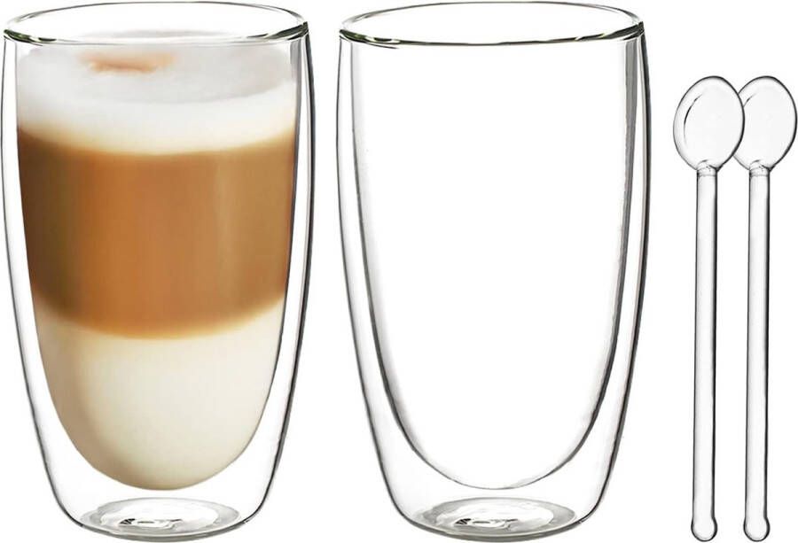 400 ml Dubbelwandige Glazenset Set van 2 Dubbelwandige Latte Macchiato Glazen Dubbelwandige Cappuccino Kopjes met Glazen Lepel Thermisch Glas Geïsoleerd Glas Dubbelwandig voor Koud en Warm