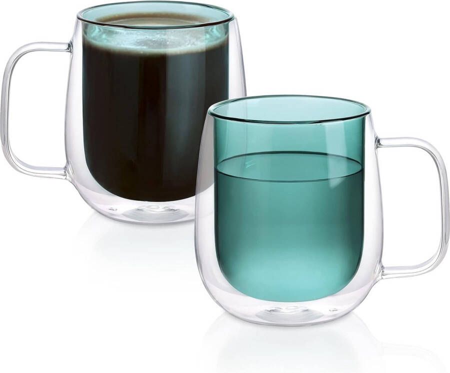 400 ml groene latte macchiato-glazen dubbelwandig set van 2 koffieglazen theeglazen dubbelwandig met handvat dubbelwandige glazen van borosilicaatglas voor latte cappuccino melk sap