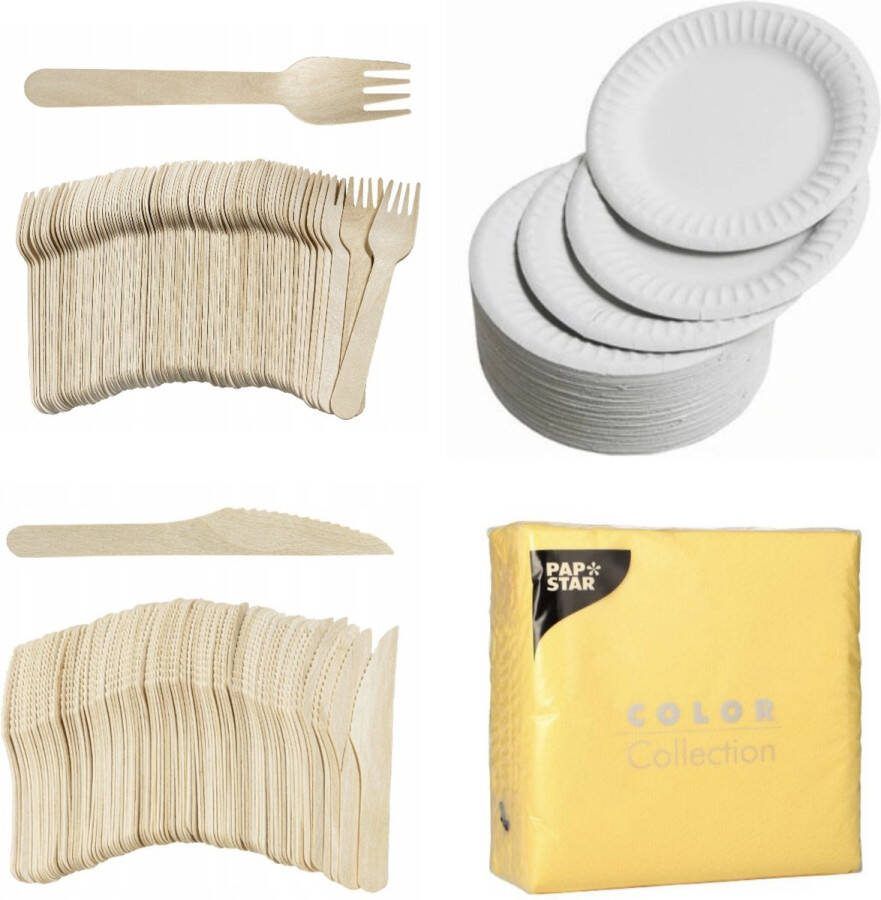 400 x Houten wegwerp bestek set bio eco milieubewust 100 Vorken 100 messen 100 witte borden + 100 bio servetten geel 33x33cm